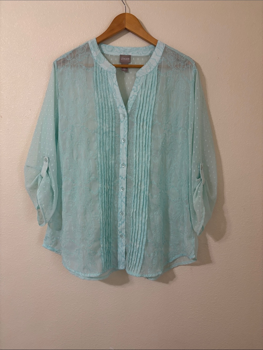 Chico's Mint Blue Aqua Pintuck  Sheer Blouse Embroidery Swiss Dot Size 3 (XL/16)